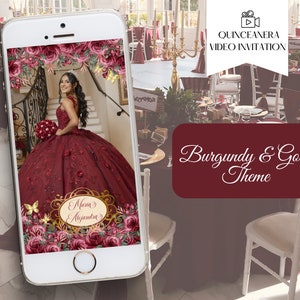 Quince Invitation, Animated Invitation, Burgundy and Gold Invitation Quinceanera, phone Invitation, elegant invitation, dress invitation.