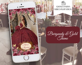 May include: A smartphone screen displaying a Quinceañera video invitation with a burgundy and gold theme. The invitation features a young woman in a burgundy dress with gold accents, surrounded by floral decorations. The text "Maria Alejandra" is visible on the screen.