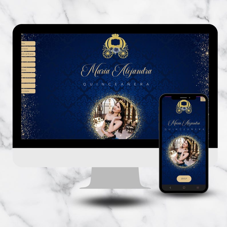 May include: A digital website design displayed on a computer monitor and a smartphone screen featuring a deep blue background with gold accents, a carriage icon, the text Maria Alejandra Quincea&ntilde;era, and a circular photo of a person wearing a crown.