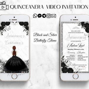 Black and Silver Quinceanera Invitation, Video invitation, Butterflies and roses Animated Video Invite, Sweet 16, Quinceanera Black dress