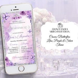Lila, paarse en zilveren Quinceanera video-uitnodiging, Quinceañera digitale uitnodiging, geanimeerde uitnodiging, kweepeer uitnodigingen, xv uitnodigingen.