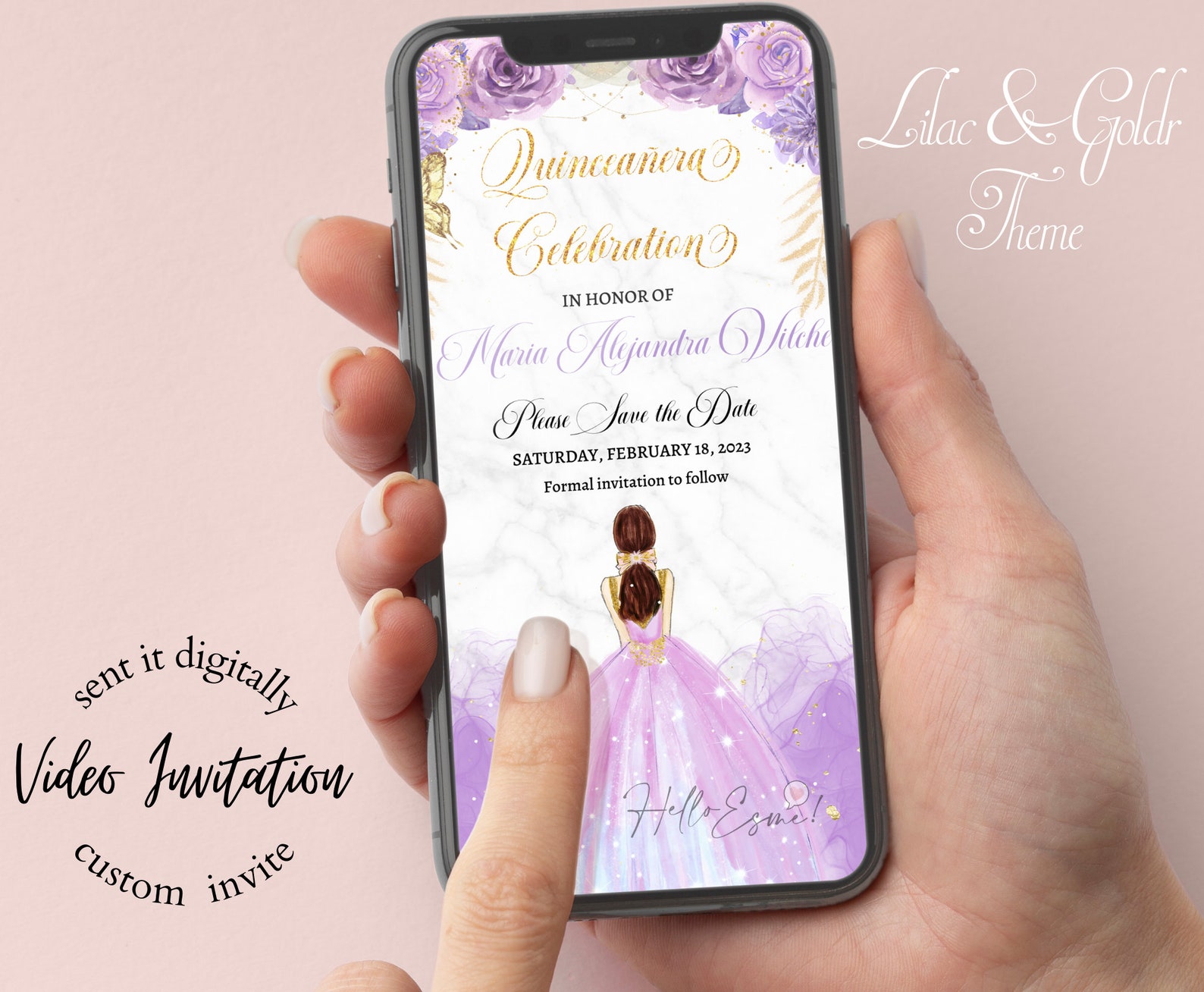 Digital Save the Date Quinceanera Lilac and Gold, Animated Invitation