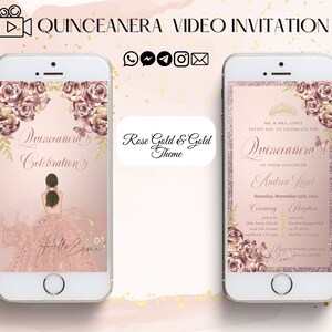 uitnodiging roségouden quinceanera, roségouden kweepeer, uitnodiging Sweet 15, Spaanse uitnodiging, uitnodiging kweepeer, geanimeerde uitnodiging