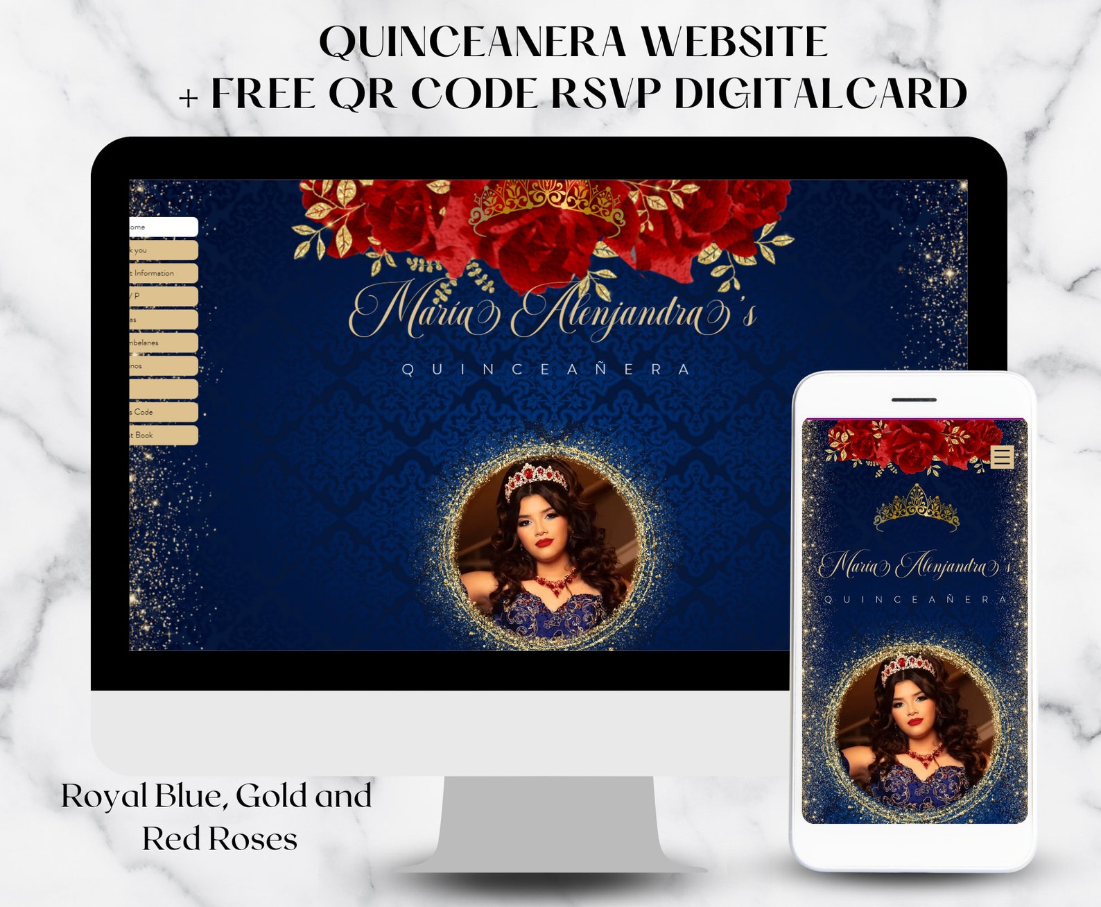 Qr Code Rsvp Quinceanera Invitation Navy Blue, Gold, Red Roses