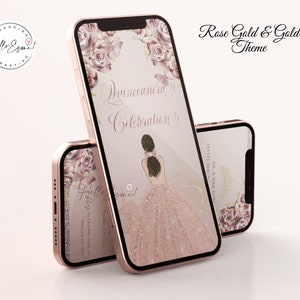 May include: Two rose gold smartphones displaying a quincea&ntilde;era invitation with a rose gold and gold theme. The invitation features floral accents, the text "Quincea&ntilde;era Celebration", and an illustration of a woman in a pink gown.