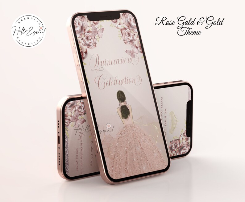 May include: Two rose gold smartphones displaying a quincea&ntilde;era invitation with a rose gold and gold theme. The invitation features floral accents, the text "Quincea&ntilde;era Celebration", and an illustration of a woman in a pink gown.
