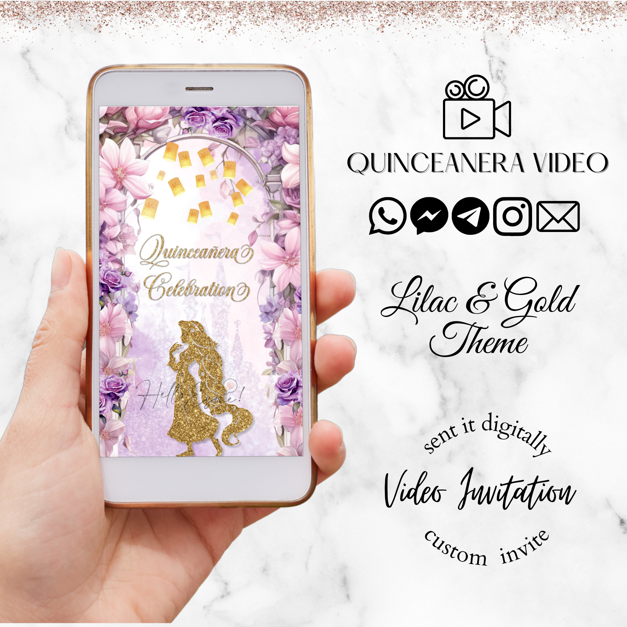 Tangled Quinceanera Invitation, Lilac and gold, Quince invitations, Princess Invite, Video Invitation, XV Invitation, Rapunzel Invitation