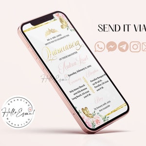 May include: A digital invitation for a Quincea&ntilde;era celebration for Andrea Lisset. The invitation features a pink and gold floral design with a crown and butterflies. The text includes the date, time, and location of the event. The invitation also includes a RSVP deadline and contact information.