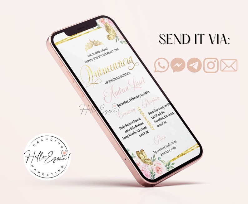 May include: A digital invitation for a Quincea&ntilde;era celebration for Andrea Lisset. The invitation features a pink and gold floral design with a crown and butterflies. The text includes the date, time, and location of the event. The invitation also includes a RSVP deadline and contact information.