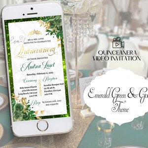 Digital Quinceanera Invitation Emerald Green and Gold, Quinceanera Video Invitation, Mis Quince, animated invitation, xv Invitations. image 7