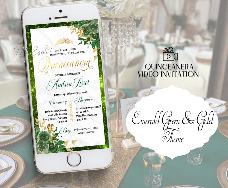 Digital Quinceanera Invitation Emerald Green and Gold, Quinceanera Video Invitation, Mis Quince, animated invitation, xv Invitations. image 7
