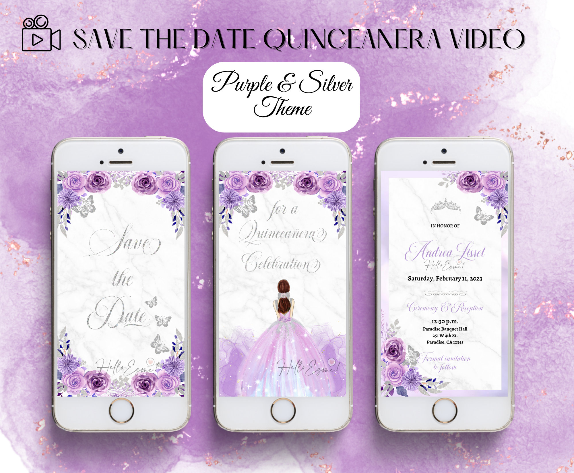 Digital Save the Date, Quinceanera Video Invitation, Purple and Silver