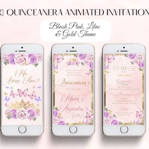 Quinceanera digitale uitnodiging, Blush roze, lila en goud geanimeerde uitnodiging bloemen en vlinders thema, XV uitnodigingen, kweepeer nodigt uit