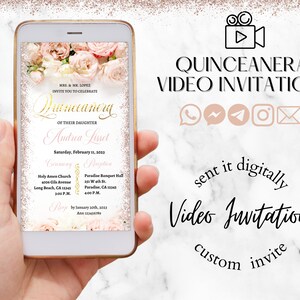 Quinceanera Video Invitation Blush Pink Flowers, Gold Glitter and Butterflies, Mis quince animated video, quinceañera video invite, evite.