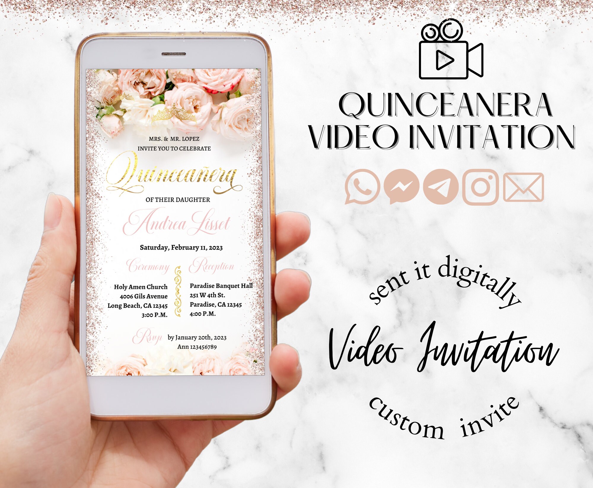 Digital Quinceanera Invitation, Blush Pink, Floral Rose Gold and