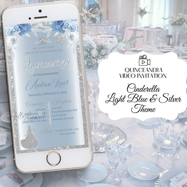 Cinderella Quinceanera Video Invitation Light Blue and Silver, Digital invitation, quince Invitation, xv invitations, mis quince