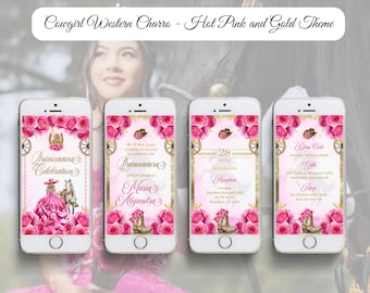 Quince Invite Hot Pink and gold, Cowgirl floral fuchsia and gold, 16th birthday, western party, mis quince charro theme, cowgirl boots