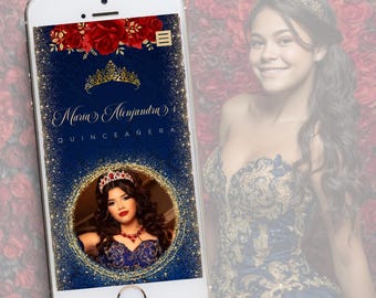 Navy Blue & Gold  Sweet 16 Quinceañera Invitation Birthday Website | red flowers | Digital Invitation with RSVP Tracker