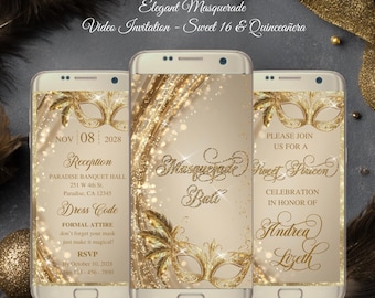Masquerade Ball video invitation | glitter gold quinceanera digital invitation | Venetian Mask Quince Invitation | Mardi Gras Sweet 16 XV