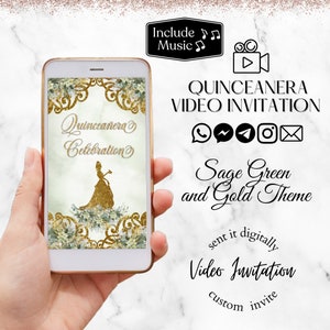 Princess and the Frog Invitation, sweet 16 invitation, quince invitations, Princess Tiana animated invitation, sage green and gold.