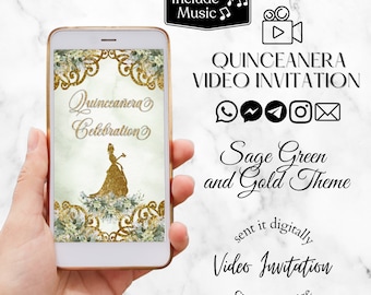 Princess and the Frog Invitation, sweet 16 invitation, quince invitations, Princess Tiana animated invitation, sage green and gold.