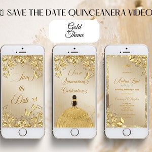 Quinceanera Save the Date Digital Gold Theme video invitation, electronic save the date, digital invitation Mis quince gold roses gold dress