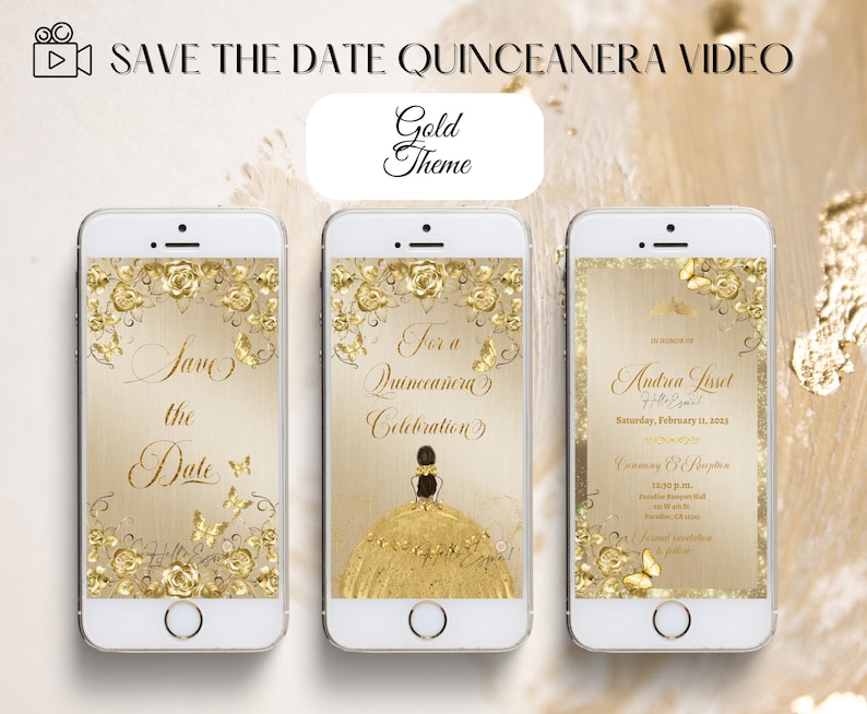 Quinceanera Save the Date Gold Theme Video Invitation, Digital Save the