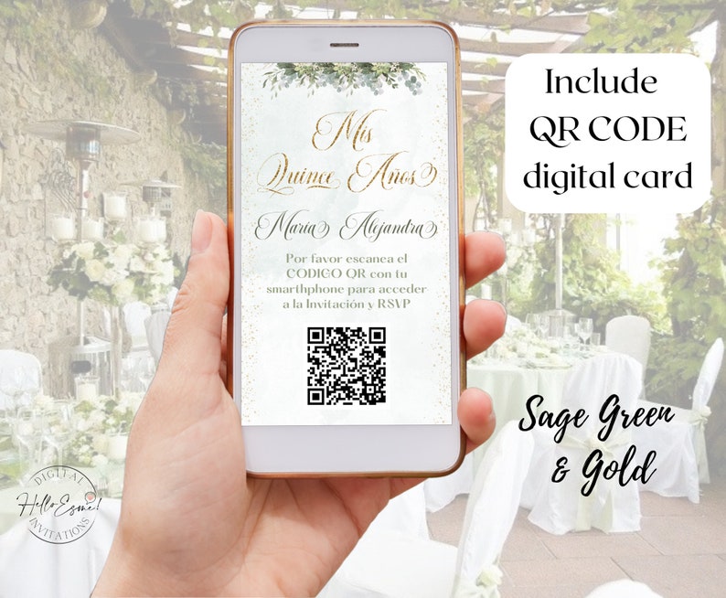 Sage Green Quinceanera Invitation, Online Rsvp site, Digital
