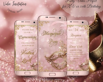 Masquerade Invitation Pink Gold Quinceanera invitation | Ball digital invitation mp4  | Quince Invitation | Digital Download