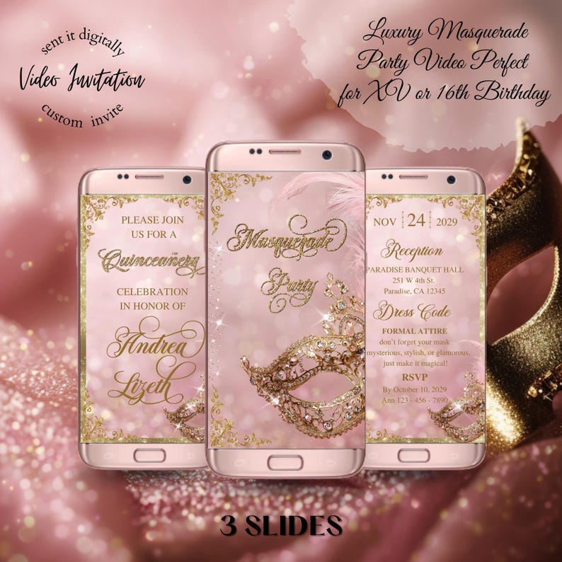 Masquerade Ball Digital Invitation Mp4 | Pink Gold Quinceanera Video ...