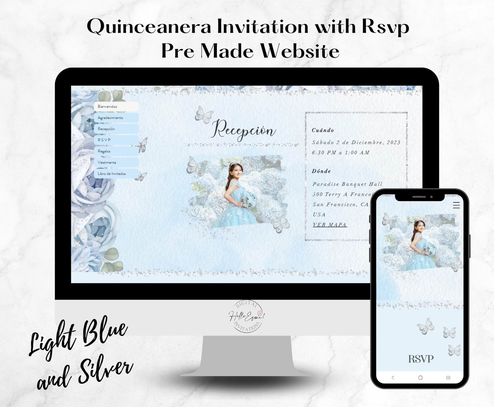 Light Blue and Silver Quinceanera Invitation site, Rsvp site