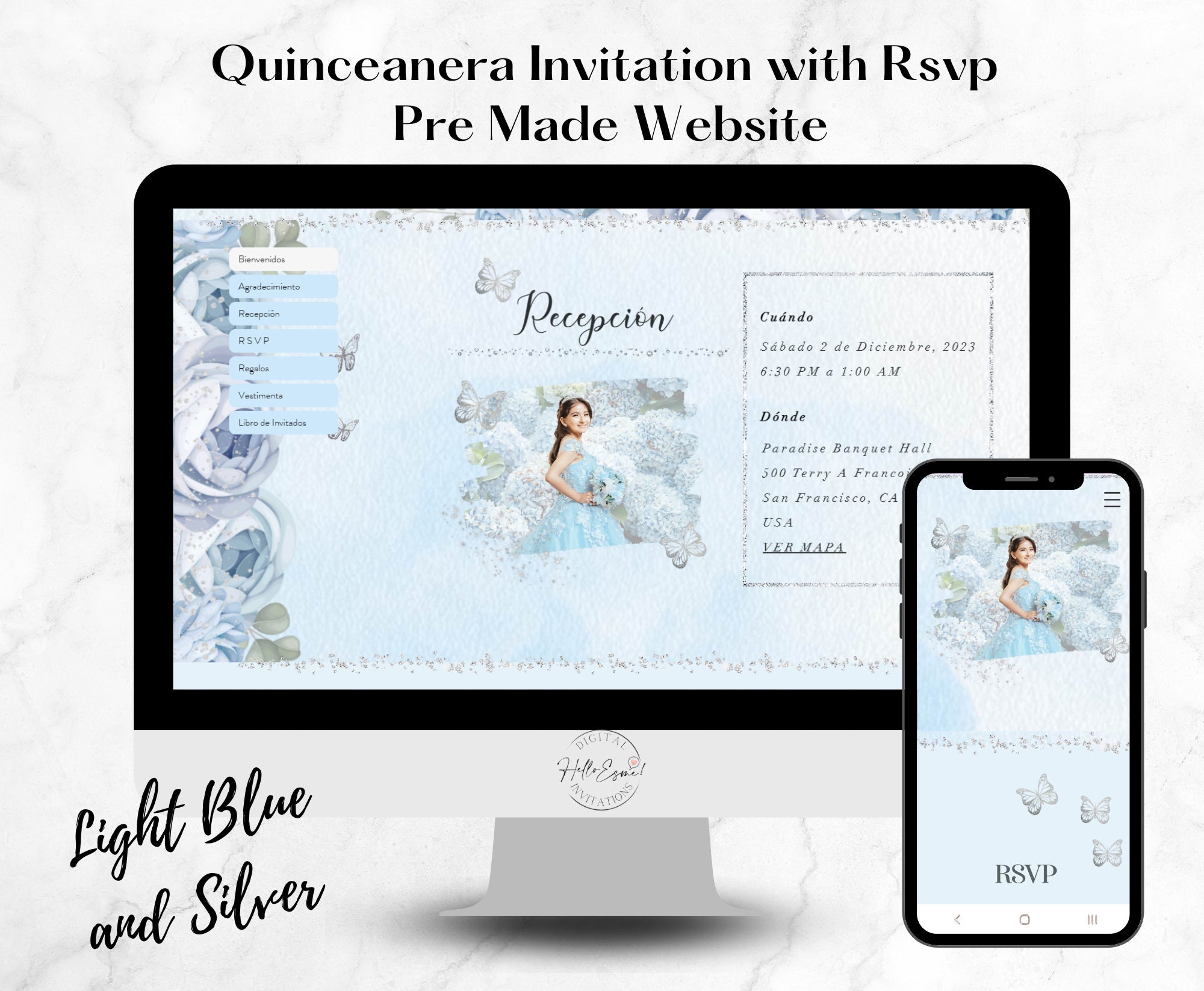 Light Blue and Silver Quinceanera Invitation site, Rsvp site