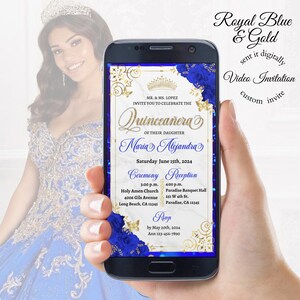 May include: A digital invitation for a Quincea&ntilde;era, featuring a royal blue and gold colour scheme. The invitation includes the names "Maria Alejandra" and the date "Saturday June 15th, 2024".