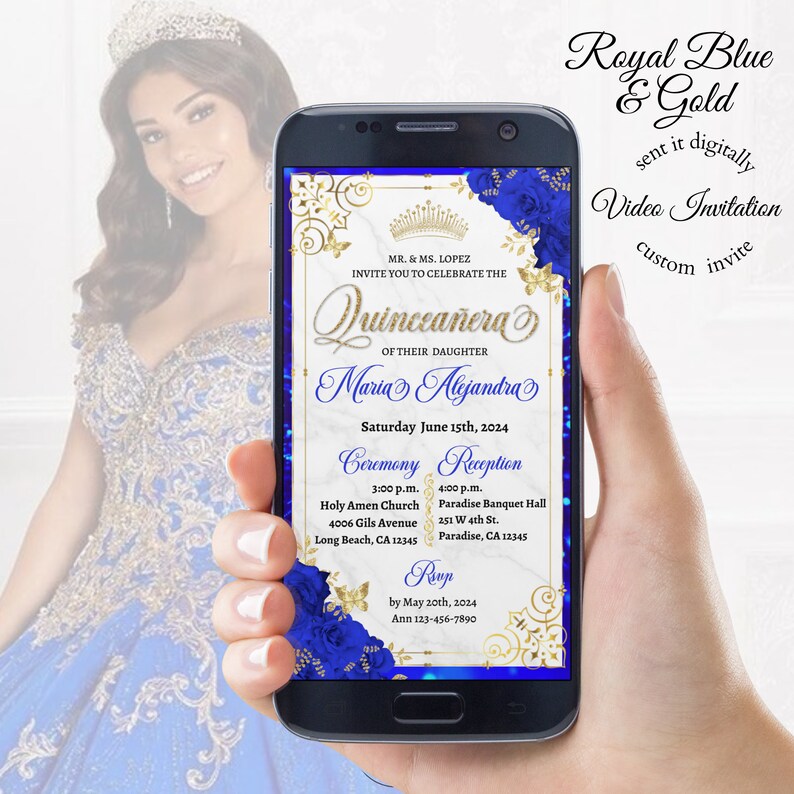 May include: A digital invitation for a Quincea&ntilde;era, featuring a royal blue and gold colour scheme. The invitation includes the names "Maria Alejandra" and the date "Saturday June 15th, 2024".