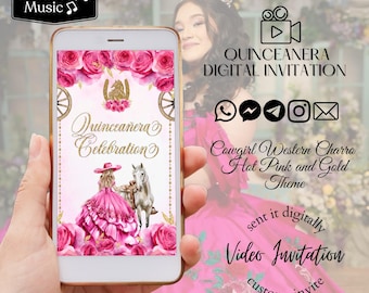 Hot Pink Quinceanera invite, Cowgirl Quince Invite fuchsia and gold, 16th birthday, western party, mis quince charro theme, cowgirl boots