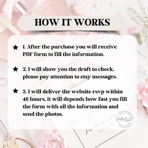 May include: An informational graphic titled HOW IT WORKS with three steps: 1. After the purchase you will receive PDF form to fill the information. 2. I will show you the draft to check, please pay attention to etsy messages. 3. I will deliver the website rsvp within 48 hours, it will depends how fast you fill the form with all the information and send the photos.