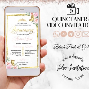Quinceanera Video Invitation Blush Pink and Gold, Butterflies, animated invitation, digital quinceanera invitation, quince invites.