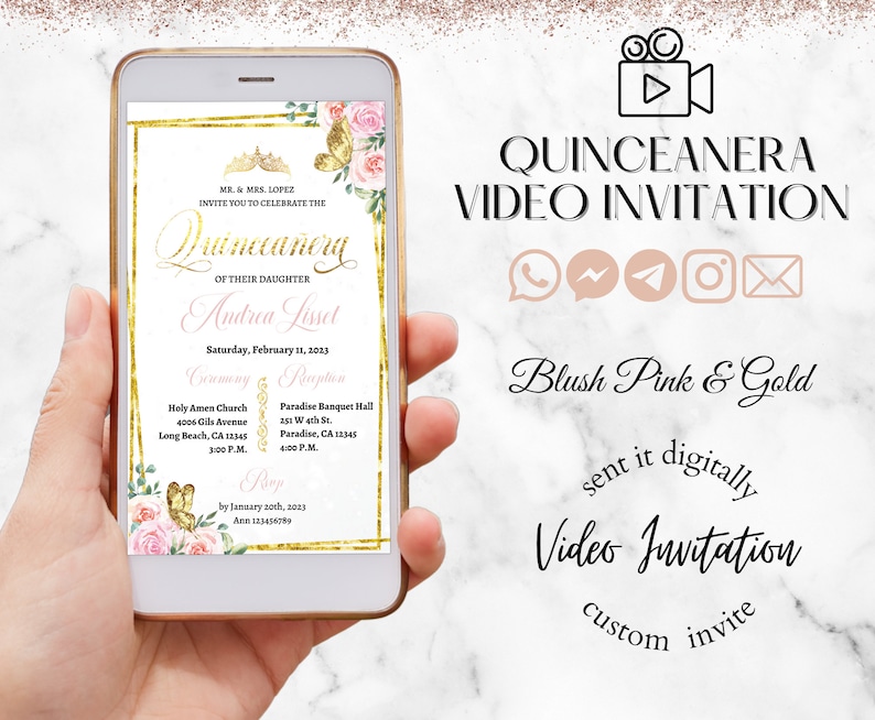 May include: A digital invitation for a Quincea&ntilde;era, featuring a gold and blush pink floral design. The invitation includes the text "Quincea&ntilde;era Video Invitation" and the name "Andrea Lisset".