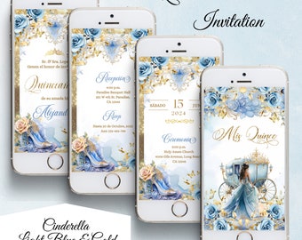 Cinderella Quinceañera Animated Video Invitation: Princess Invite, Light Blue & Gold (Digital Download)