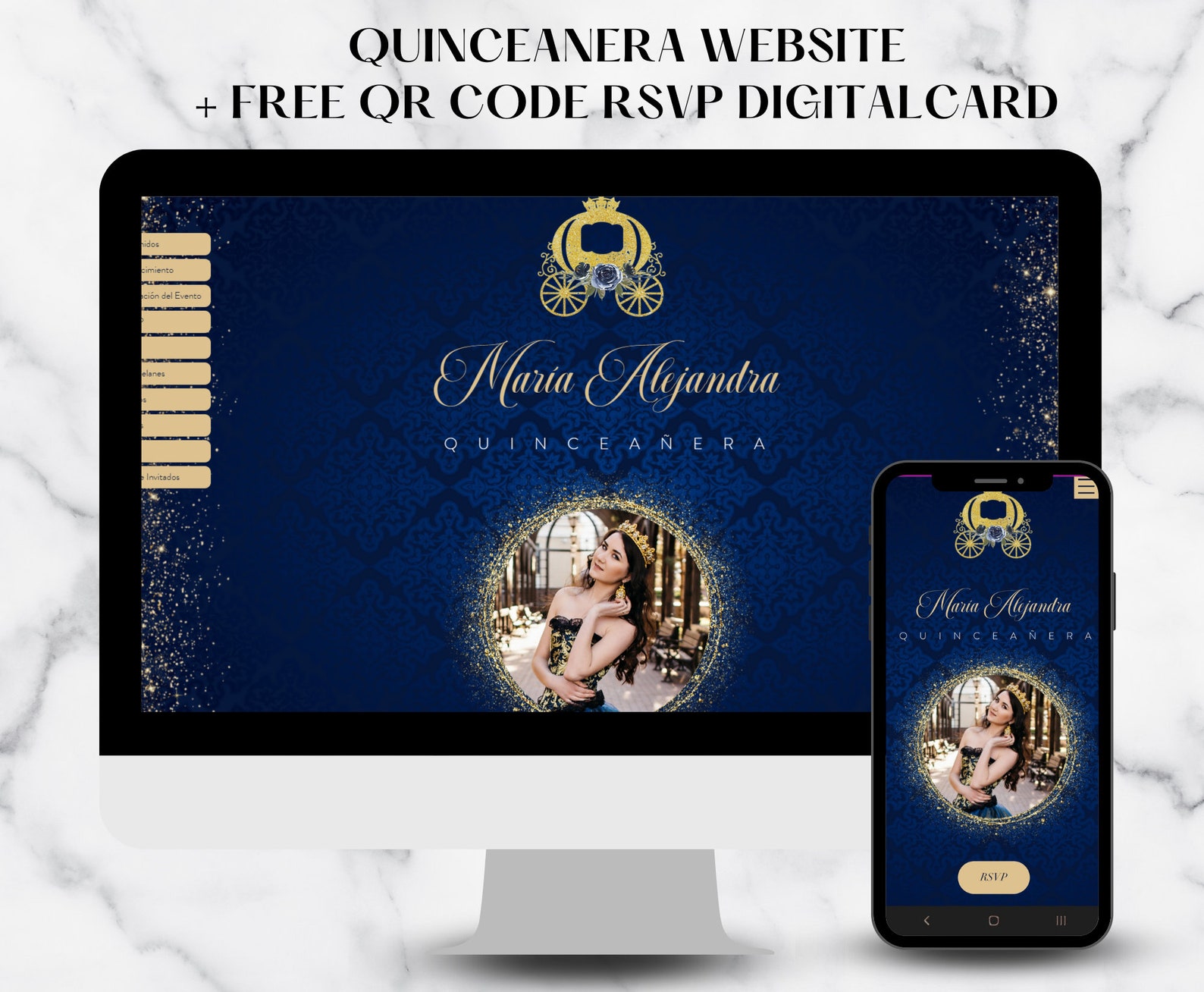 Navy Blue and Gold Quinceanera Invitation Rsvp site, Rsvp QR Code