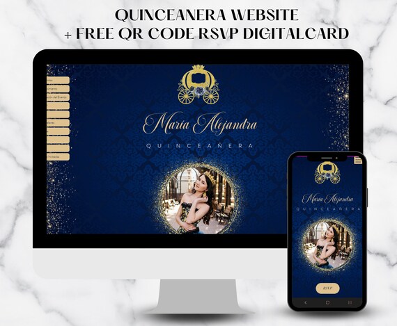 Navy Blue and Gold Quinceanera Invitation Rsvp Website, rsvp QR code, Digital Invitation Website Mis Quince Invites, XV invitations