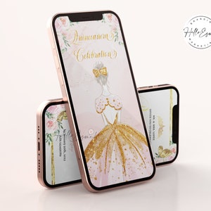 May include: A digital invitation for a Quincea&ntilde;era celebration. The invitation features a pink and gold color scheme with a watercolor illustration of a girl in a pink and gold dress. The text "Quincea&ntilde;era Celebration" is written in gold script.