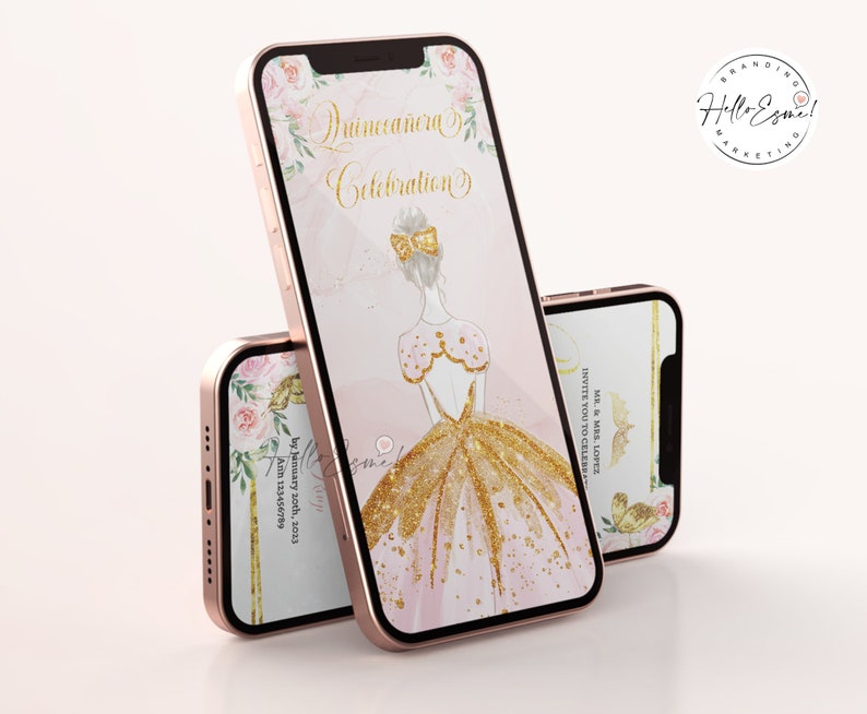 May include: A digital invitation for a Quincea&ntilde;era celebration. The invitation features a pink and gold color scheme with a watercolor illustration of a girl in a pink and gold dress. The text "Quincea&ntilde;era Celebration" is written in gold script.