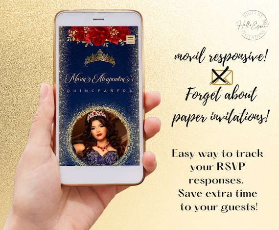 Quinceanera Invitation Qr Code Rsvp  Navy Blue, Gold, red roses, invitation quinceanera, Digital Invitation Website, Mis Quince Invites