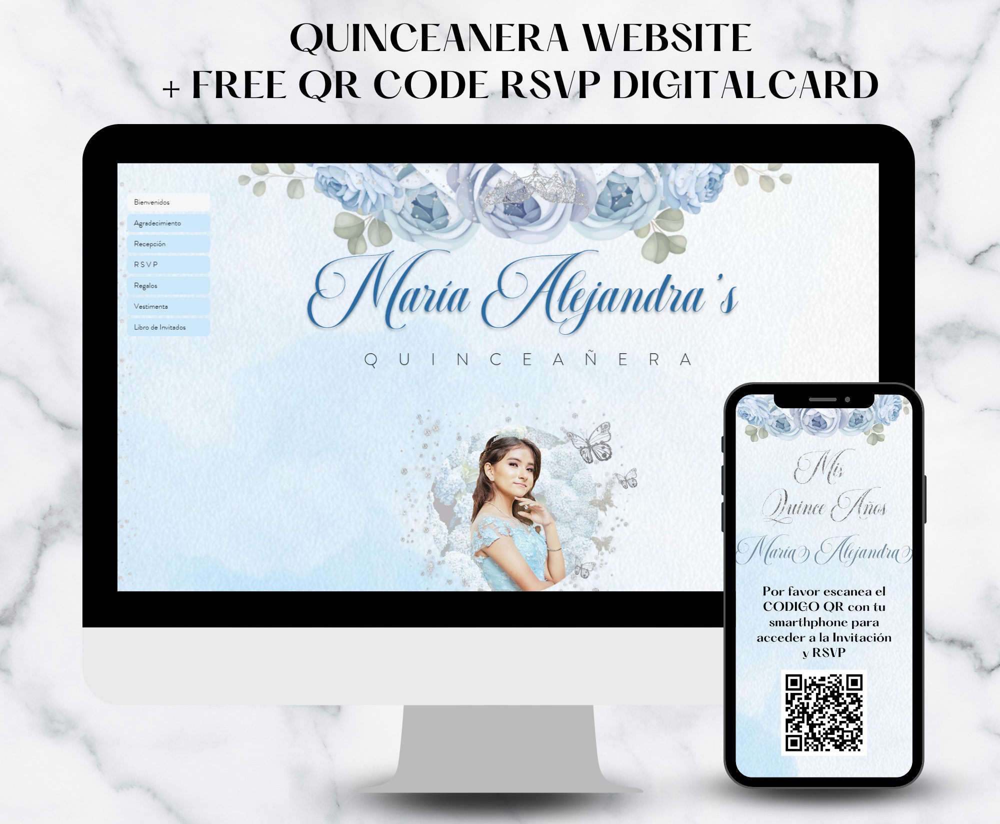 Light Blue and Silver Quinceanera Invitation site, Rsvp site