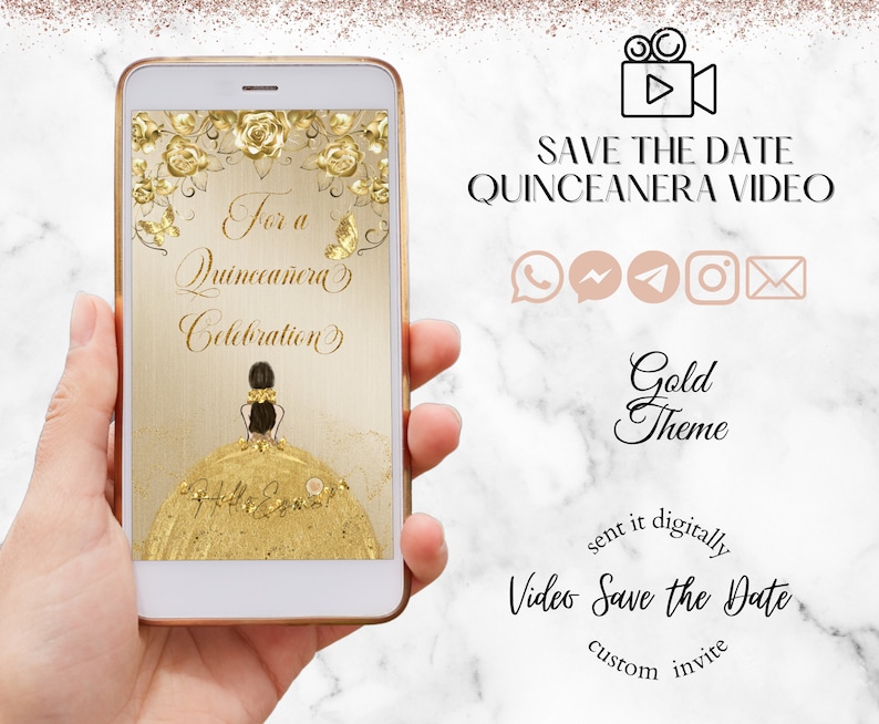 Quinceanera Save the Date Gold Theme Video Invitation, Digital Save the