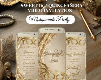Sweet 16 invitation Masquerade Ball video invitation | glitter gold  | Venetian Mask Quince Invitation | Mardi Gras Quinceanera