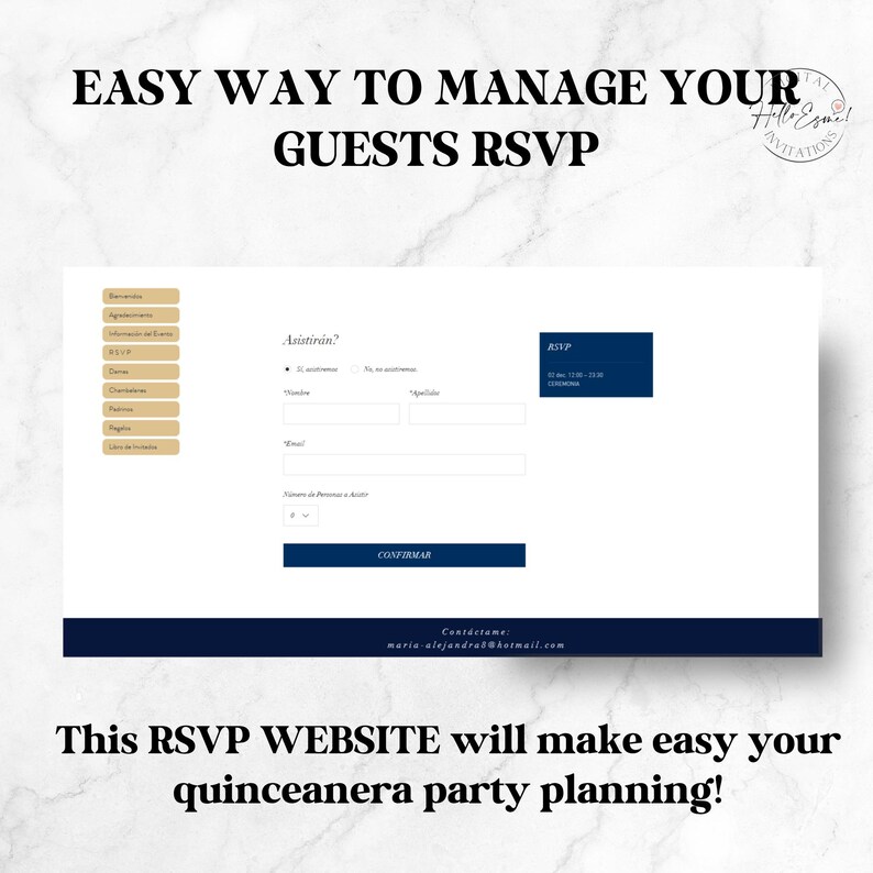 Navy Blue and Gold Quinceanera Invitation Rsvp Website, rsvp QR code, Digital Invitation Website Mis Quince Invites, XV invitations image 3