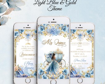 Sweet 16 Invitation Cinderella Dusty Blue & Gold: Quinceanera  Princess Carriage Invite, Digital Download
