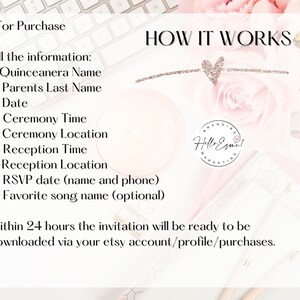 May include: A digital invitation design with the text "HOW IT WORKS" and a list of fields to fill out, including name, date, and location. The design features a heart-shaped embellishment and a floral background.